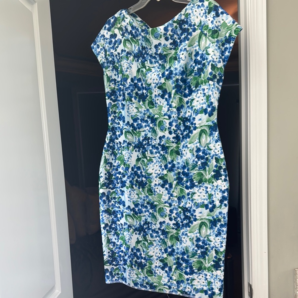Tommy Hilfiger Blue Floral Sheath Dress Size 14 Midi Work Wedding Guest Stretch - Picture 3 of 8